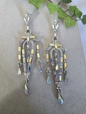 ​Glam Silver AB Rhinestone Chandelier Statement Earrings Long Crystal Drop